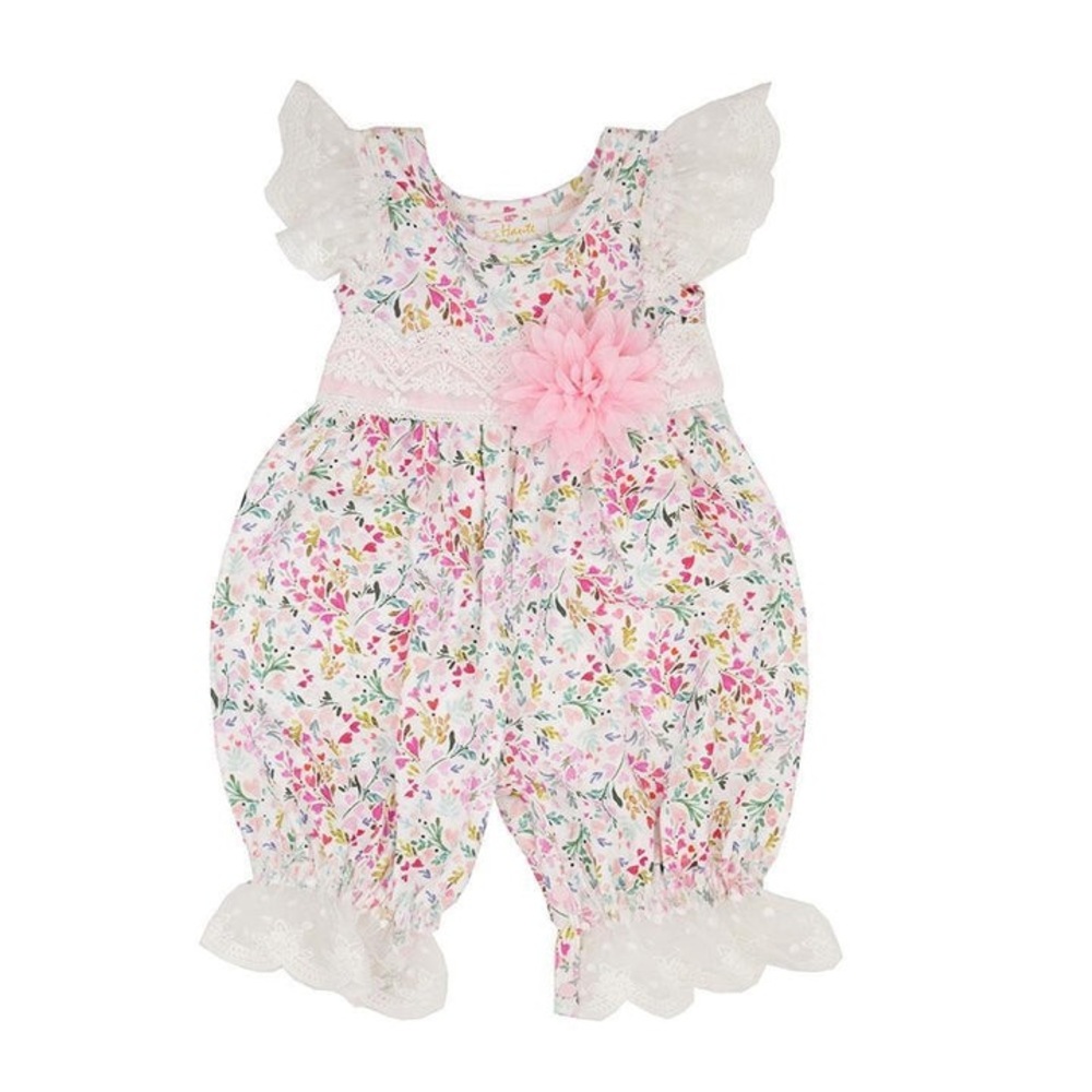 Pink Floral Lace-Trim Baby Romper with Flower Accent